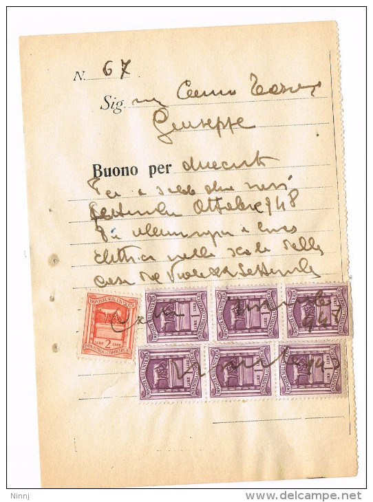 Italia - Ottobre1948 Imposta Sull´Entrata  £. 3 + 6 X £. 1 - Buono Per Lire Duecento N°67 - Revenue Stamps