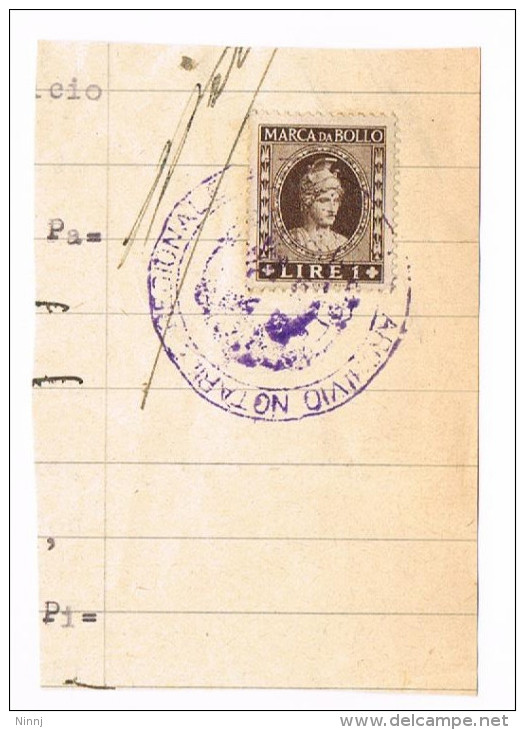 Italia  - Marca Da Bollo Lire 1 Con Bollo Archivio Notarile Regionale Su Frammento - Revenue Stamps