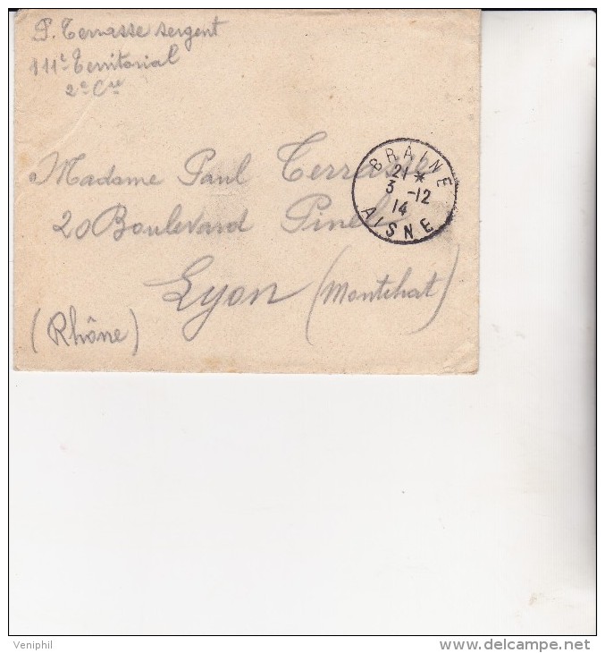 LETTRE FRANCHISE MILITAIRE  OBLITERATION CACHET A DATE -BRAINE -AISNE -1914 - Guerre De 1914-18