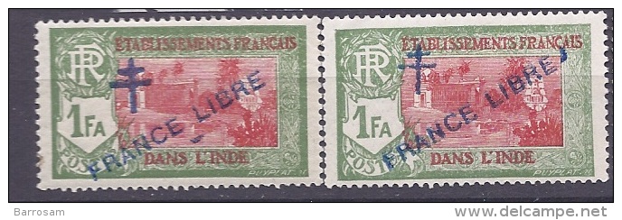 FrenchIndia1941-3; Yvert161 With Overprint Variety Mh*/168** (but Small Pencil Mark On Gum)/170mh* - Unused Stamps