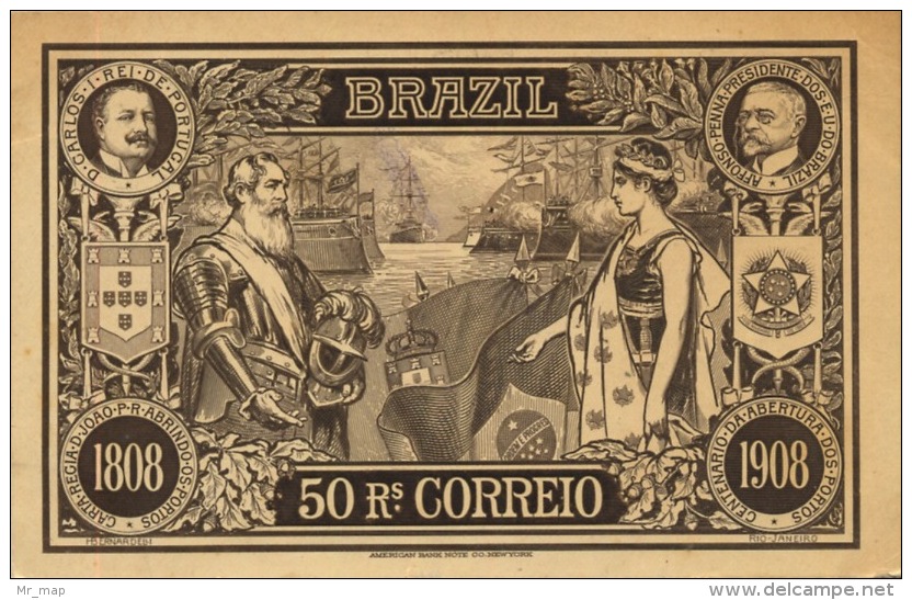 203 - 1909 Brazil 50 RS Correio TRAVELLED - Monnaies (représentations)