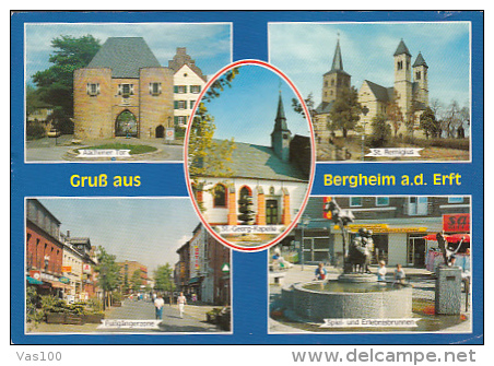 5918- BERGHEIM- TOWER GATE, CHURCH, STREET, FOUNTAIN, POSTCARD - Bergheim