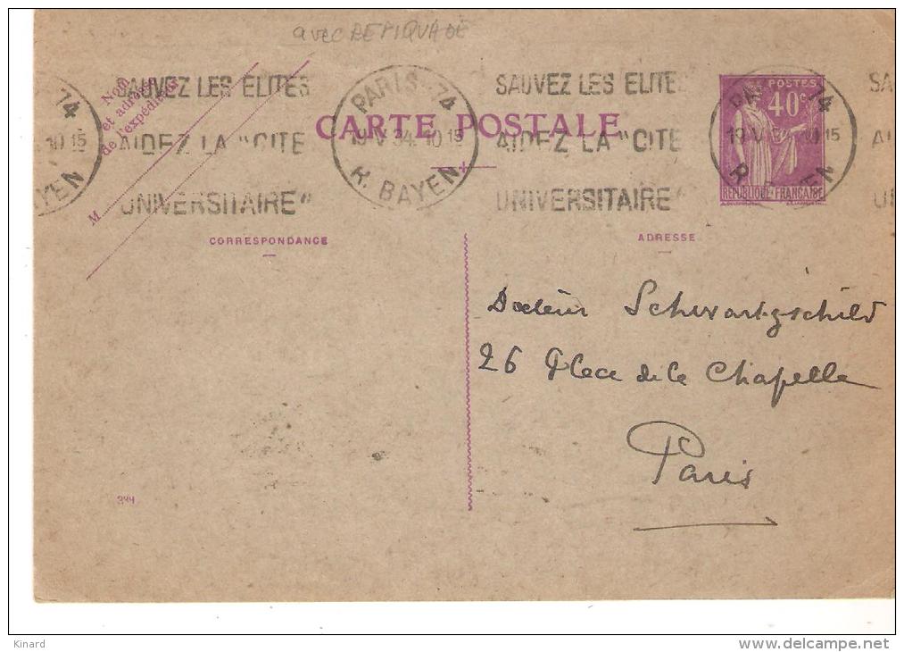 CPA .  ENTIER POSTAL ..REPIQUAGE MEDECIN 1934..BE... CP1 281.VOIR SCAN - Overprinter Postcards (before 1995)