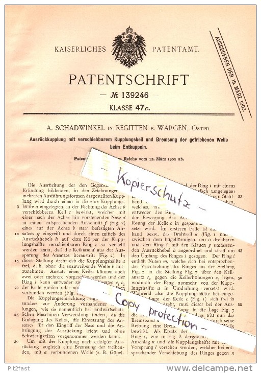 Original Patent - A. Schadwinkel In Regitten / Rogity B. Wargen , Ostpreussen , 1902 , Kupplung !!! - Ostpreussen