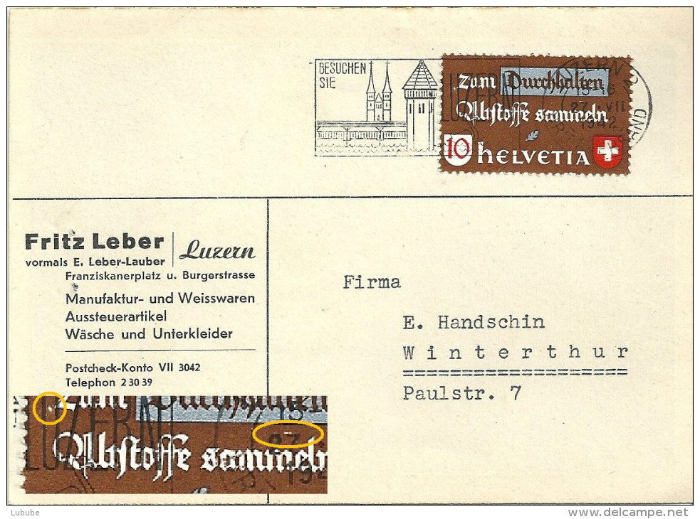 Bestellkarte  Luzern - Winterthur  (Markenabart)               1942 - Variétés