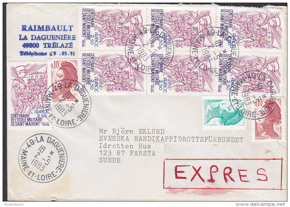 France Express LA DAGUENIERE (Marne Et Loire) 1983 Cover Lettre FARSTA Sweden Ecole Militaire 6-Block Liberté De Gandon - 1982-1990 Liberty Of Gandon