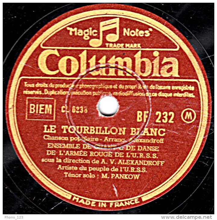 78 Trs - 25 Cm - Columbia  BF 232 - état B - ARMEE DE L'U.R.R.S. - PLAINE, MA PLAINE - LE TOURBILLON BLANC - 78 Rpm - Schellackplatten