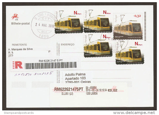 Portugal TRAM Moderne 2010 Entier Postale Recommandée Timbres Autocollant Premier Jour TRAMWAY Registered Stationery - Tramways