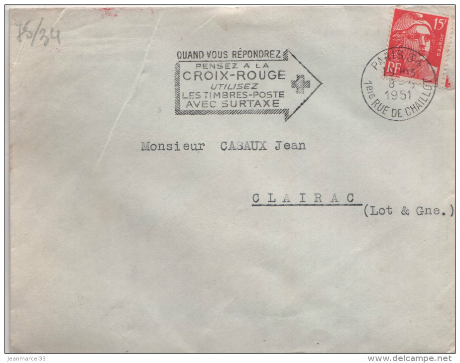 Lettre Flamme =o Paris 34  8-5 1951 ".....Pensez A La Croix-Rouge..... - Red Cross