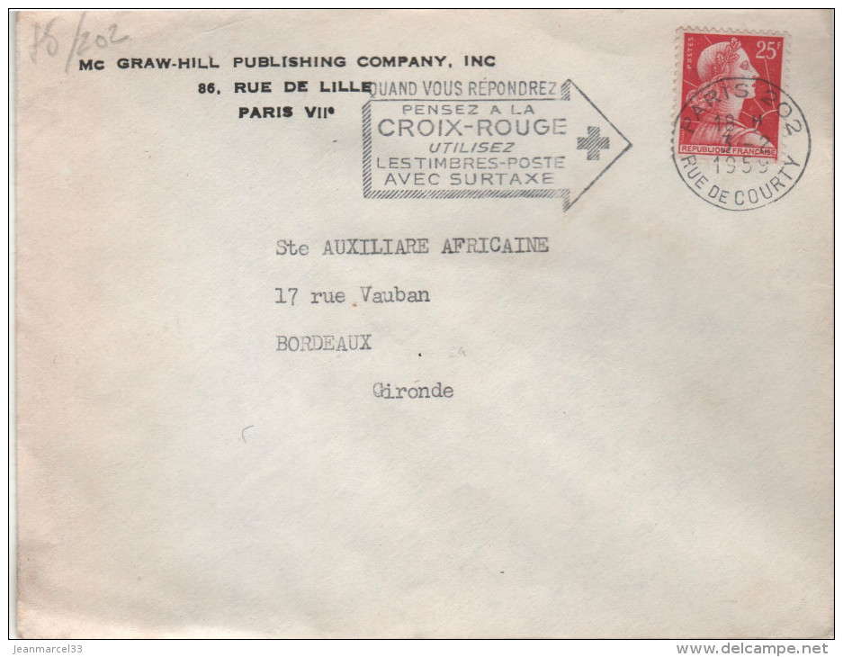 Lettre Flamme =o Paris 202  3-2 1959 ".....Pensez A La Croix-Rouge..... - Croix Rouge