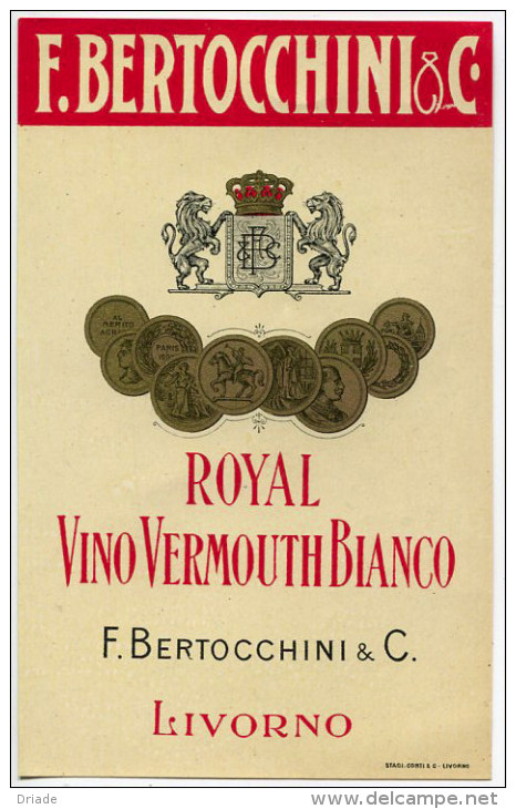 ETICHETTA PUBBLICITà ROYAL VINO VERMOUTH BIANCO F. BERTOCCHINI LIVORNO STAB. CONTI - Alcools