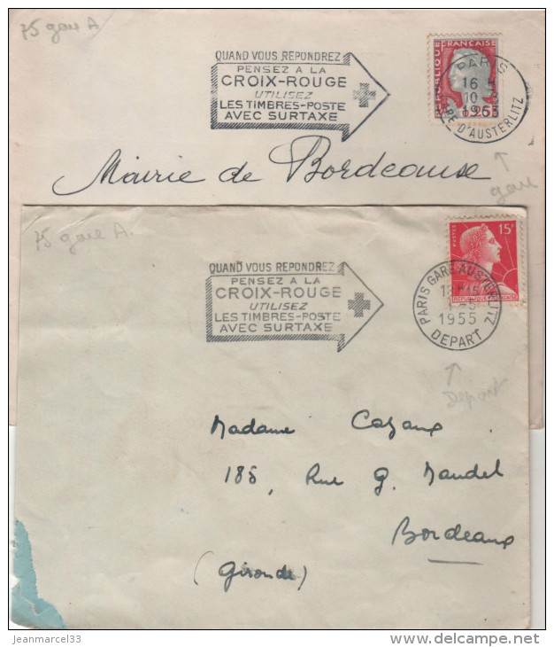 2 Lettres Flamme =o Paris Gare D'Austerlitz 1955 Et 1963, 2 Cachets Différents ".....Pensez A La Croix-Rouge..... - Croix Rouge