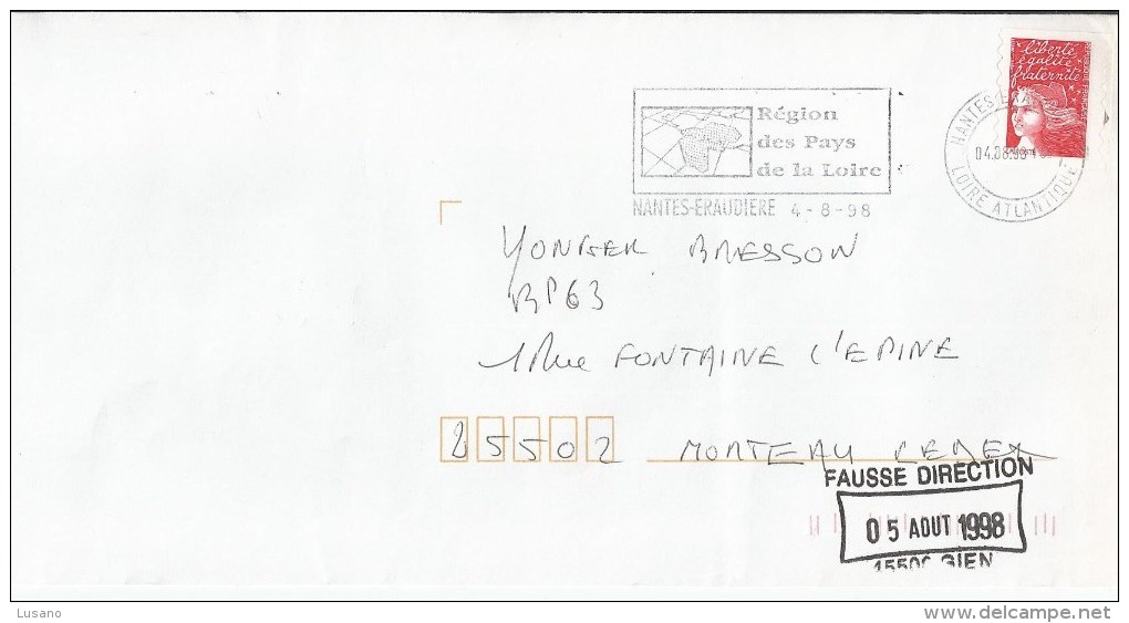 Pli Avec Cachet Manuel "Fausse Direction 05 Août 1998 45500 GIEN" - Cachets Manuels