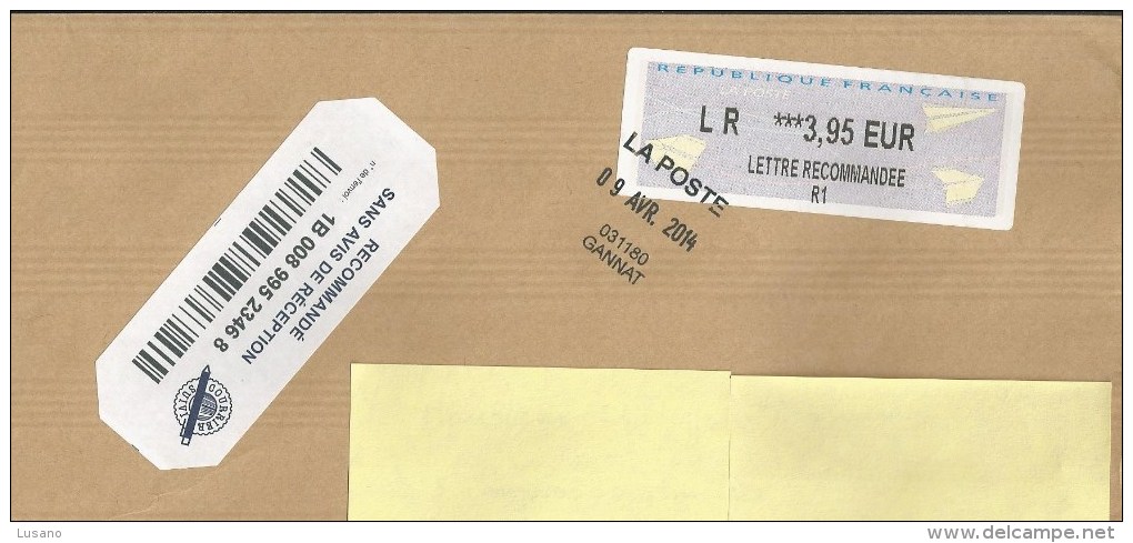 Pli 22 X 16 Avec Cachet Manuel "LA POSTE 09 AVR. 2014 031180 GANNAT" Sur Vignette D'ordinateur - Manual Postmarks