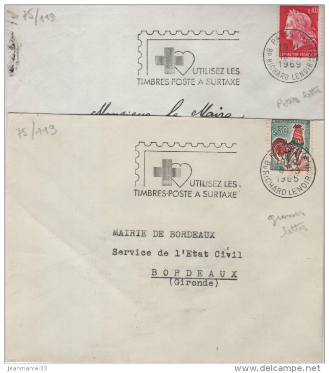 2 Lettres Flamme =o  Paris 119  1965 Et 1969 (2 Cachets Différents)  ".....Utilisez Les Timbres-Poste A Surtaxe - Rode Kruis