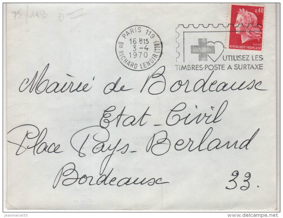 Lettre Flamme O= Paris 119  3-4 1970 ".....Utilisez Les Timbres-Poste A Surtaxe - Rode Kruis