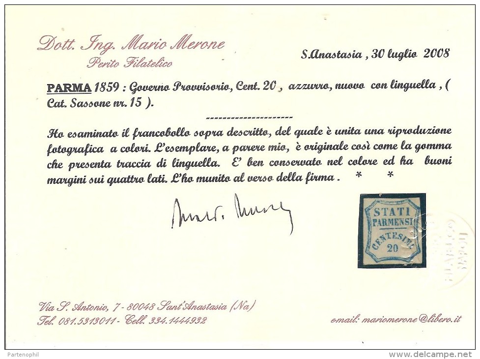 ASI  PARMA 1859 CENT. 20  NUOVO CON LINGUELLA  N.15 CERT. MERONE CAT. € 2200,00 - Parma