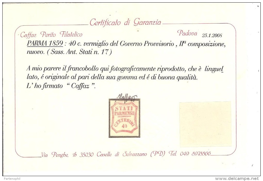 ASI  PARMA 1859 CENT. 40  NUOVO CON LINGUELLA  N.17 CERT. CAFFAZ CAT. € 1200,00 - Parma