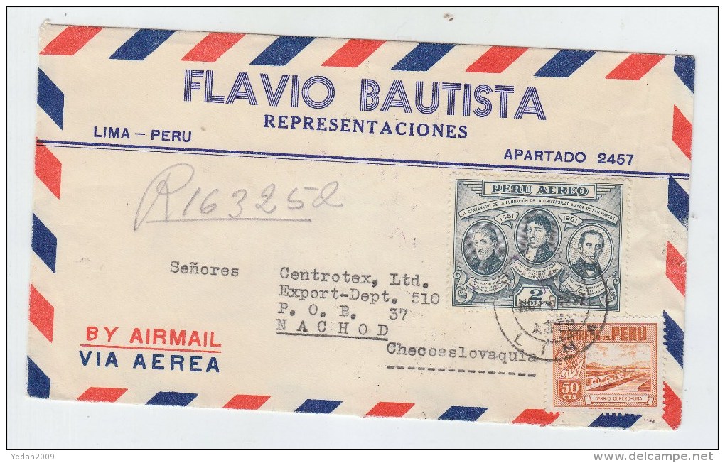 Peru/Czechoslovakia REGISTERED AIRMAIL COVER 1952 - Peru