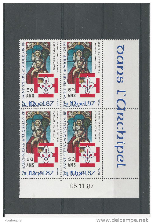 Saint Pierre Et Miquelon -  YT N° 483  ** - Bloc De 4 Coin Daté - Noël - Scoutisme - Vitrail - Saint Christophe - Nuovi