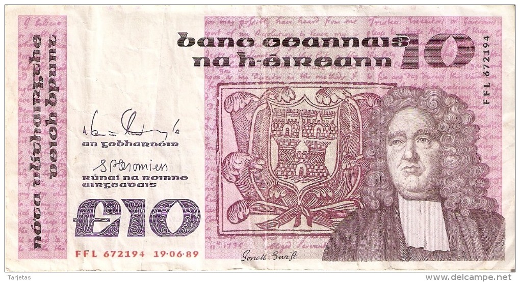 BILLETE DE IRLANDA DE 10 POUNDS DEL AÑO 1989  (BANKNOTE) - Irlande