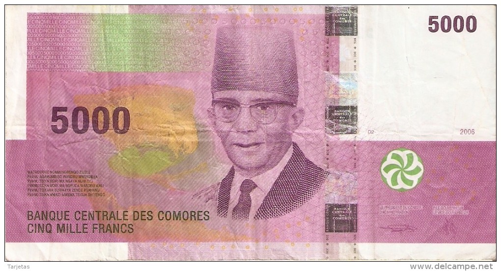 BILLETE DE COMORES DE 5000 FRANCS DEL AÑO 2006   (BANKNOTE) CARACOL-ESCARGOT - Comoros