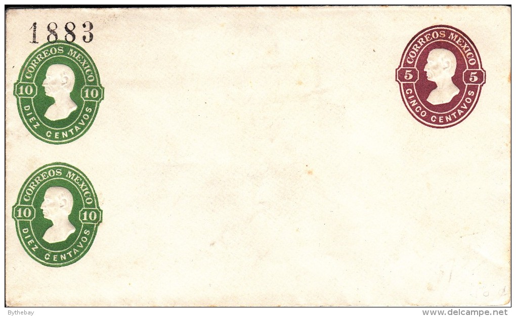 Mexico Unused Postal Stationery Pre-stamped With 5c And 2 10c Black # Stamp '1883' Upper Left - Mexico
