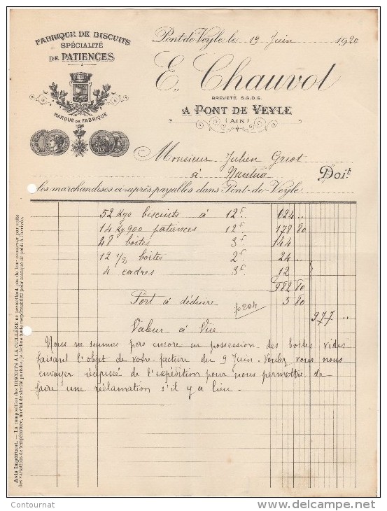01 PONT DE VEYLE FACTURE 1920  Fabrique De BISCUITS Spécialité De PATIENCES E. CHAUVOT  - B24 - 1900 – 1949
