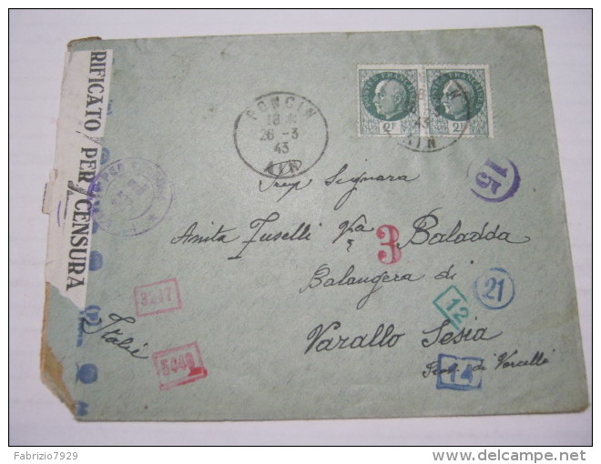 F3 FRANCE FRANCIA - 1943 PONCIN AIN 2 X 2 FRANCHI VERIFICATO CENSURA X ITALY VARALLO SESIA 7 TIMBRI NUMERI CONTROLLO - Storia Postale