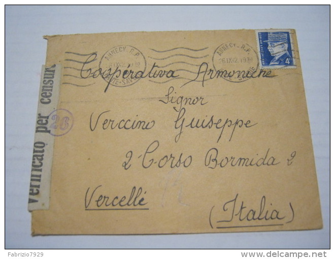 F3 FRANCE FRANCIA - 1942 ANNECY VERIFICATO CENSURA X ITALY VERCELLI COOP FISARMONICHE MUSICA MUSIC 4F. - Briefe U. Dokumente