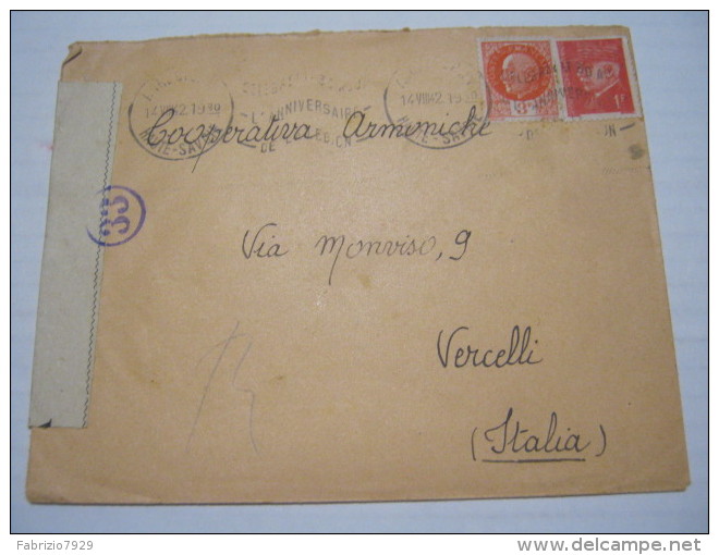 F3 FRANCE FRANCIA - 1942 ANNECY VERIFICATO CENSURA X ITALY VERCELLI TARGHETTA  ANNIVERSAIRE DE LA LEGION - Storia Postale