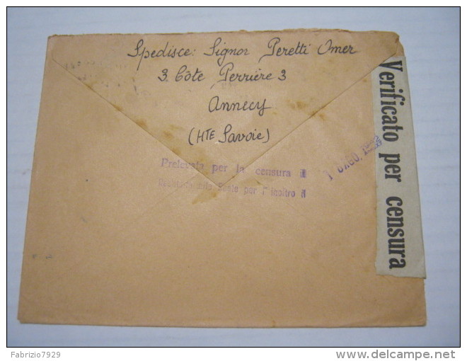 F3 FRANCE FRANCIA - 1942 ANNECY VERIFICATO CENSURA X ITALY VERCELLI TARGHETTA  ANNIVERSAIRE DE LA LEGION - Storia Postale