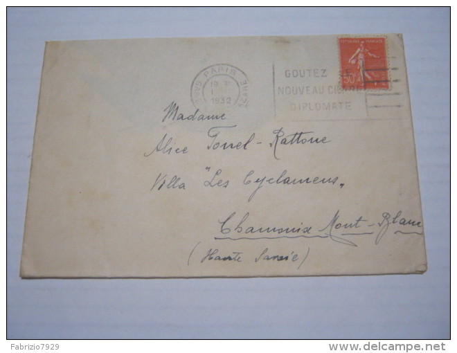 F3 FRANCE FRANCIA - 1932 PARIS GARE X CHAMINIX 50 CENT. NOUVEAU CIGARE DIPLOMATE SIGARO FUMO TABACCO - Storia Postale