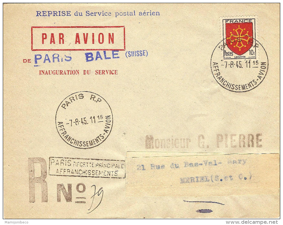 1° Service En Reprise Service Postal Aérien Paris-Bâle 07/08/45 - Primeros Vuelos