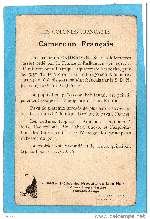 CAMEROUN -Carte Image Publicité "Lion Noir" Belle Illustration -Ceuillette Archides -carte Géo+portrait De Fem-années 20 - Madagascar