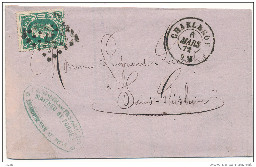 1872 FIRMABRIEF MET PZ30 VAN CHARLEROI(2RING+ PUNTST 77) NAAR St GHISLAIN(2RING) ZIE SCAN(S) - 1869-1883 Leopold II.