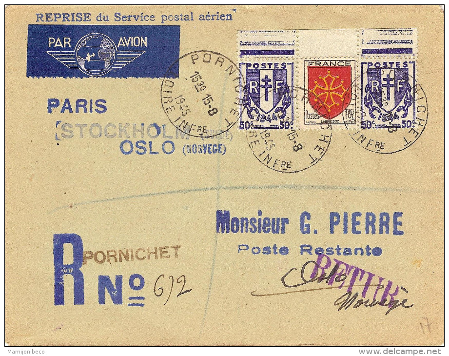 1° Service En Reprise Service Postal Aérien Paris-Oslo 16/08/45 - Primeros Vuelos