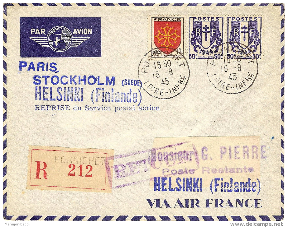 1° Service En Reprise Service Postal Aérien Paris-Helsinki 16/08/45 - Primeros Vuelos