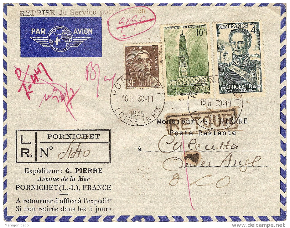 1° Liaison En Reprise Du Service Postal Aérien Paris Calcutta 03/12/45 - Primeros Vuelos