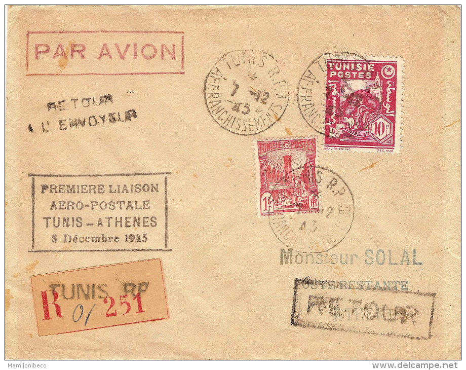 1° Liaison En Reprise Du Service Postal Aérien (Paris)Tunis Athènes 07/12/45 - Primeros Vuelos