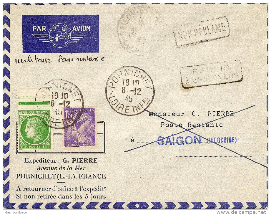 1° Liaison En Reprise Du Service Postal Aérien Paris Saigon 10/12/45 - Primeros Vuelos