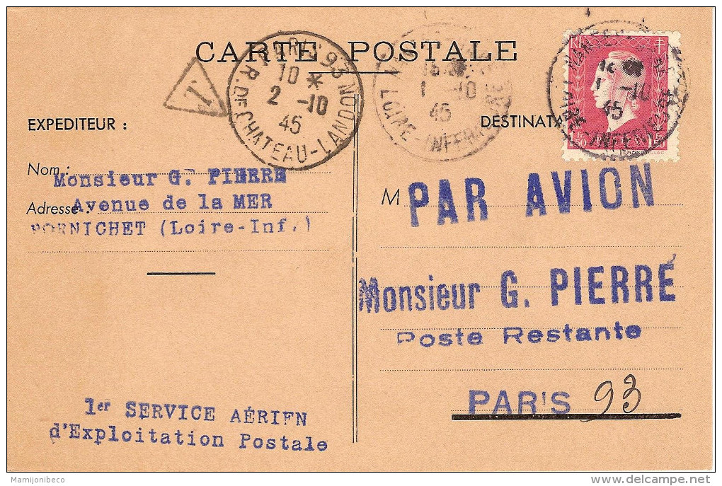 1° Service Postal Aérien Nantes Paris 01/10/45 - Primeros Vuelos