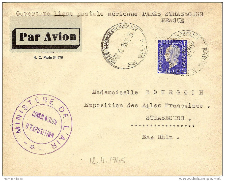 1°  Liaison Aérienne Paris-Strasbourg(Prague) 12/11/45 Rare Pli D´escale - Primeros Vuelos