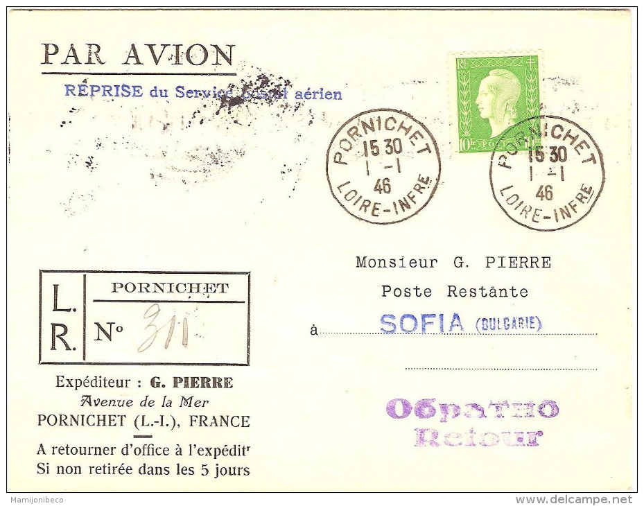 1°  Liaison Reprise Serice Aéien Postal Paris-Sofia /01/46 - Primeros Vuelos