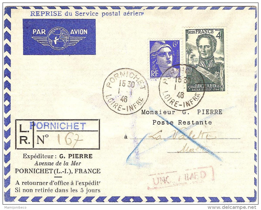 1°  Liaison Reprise Serice Aéien Postal Paris-Malte (La Valette) /01/46 - Primeros Vuelos