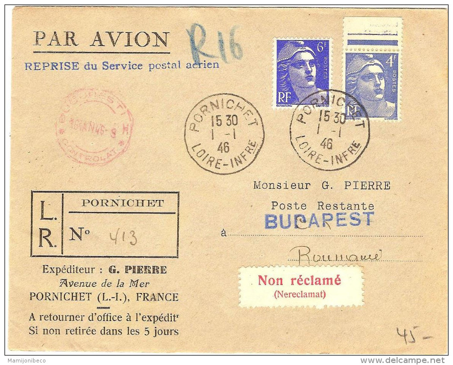 1°  Liaison Reprise Serice Aéien Postal Paris-Bucarest /01/46 - Primeros Vuelos