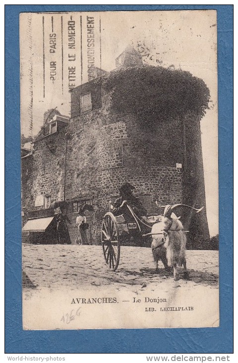 CPA - AVRANCHES - Le Donjon - Voiture à Chèvre / Bouc - Librairie Lechaplais - Avranches