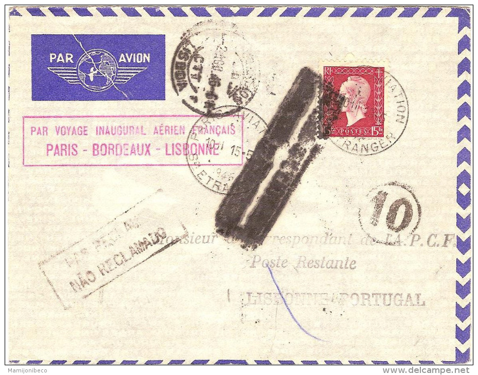 AIR FRANCE Ouverture Paris-Lisbonne 15/05/46 Avec Trés Rare GRIFFE SPECIALE Rouge - Primeros Vuelos