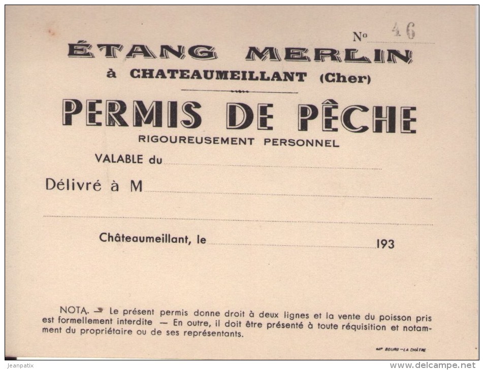Carte Permis De Pêche - Etang Merlin à Chateaumeillant (Cher) - Pêche