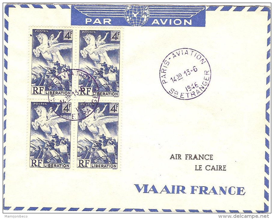 AIR FRANCE Ouverture Paris-Tunis-Le Caire 13/06/46 Enveloppe Spéciale Air France - Primeros Vuelos
